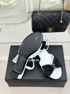 Chanel 26C Chain Bow Chunky Heel Sandals White Black in Cowhide 615990