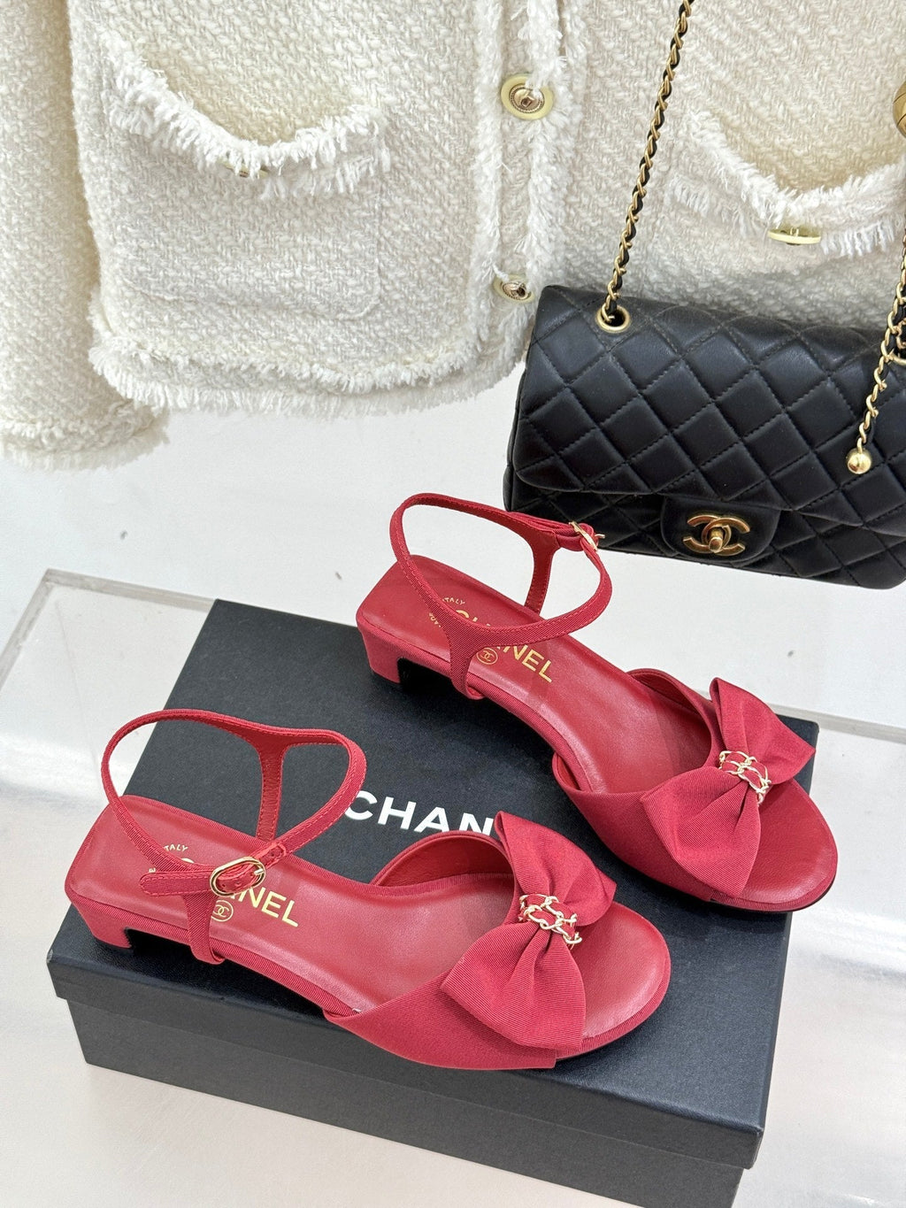Chanel 26C Chain Bow Chunky Heel Sandals Red in Cowhide 615987