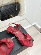 Chanel 26C Chain Bow Chunky Heel Sandals Red in Cowhide 615987