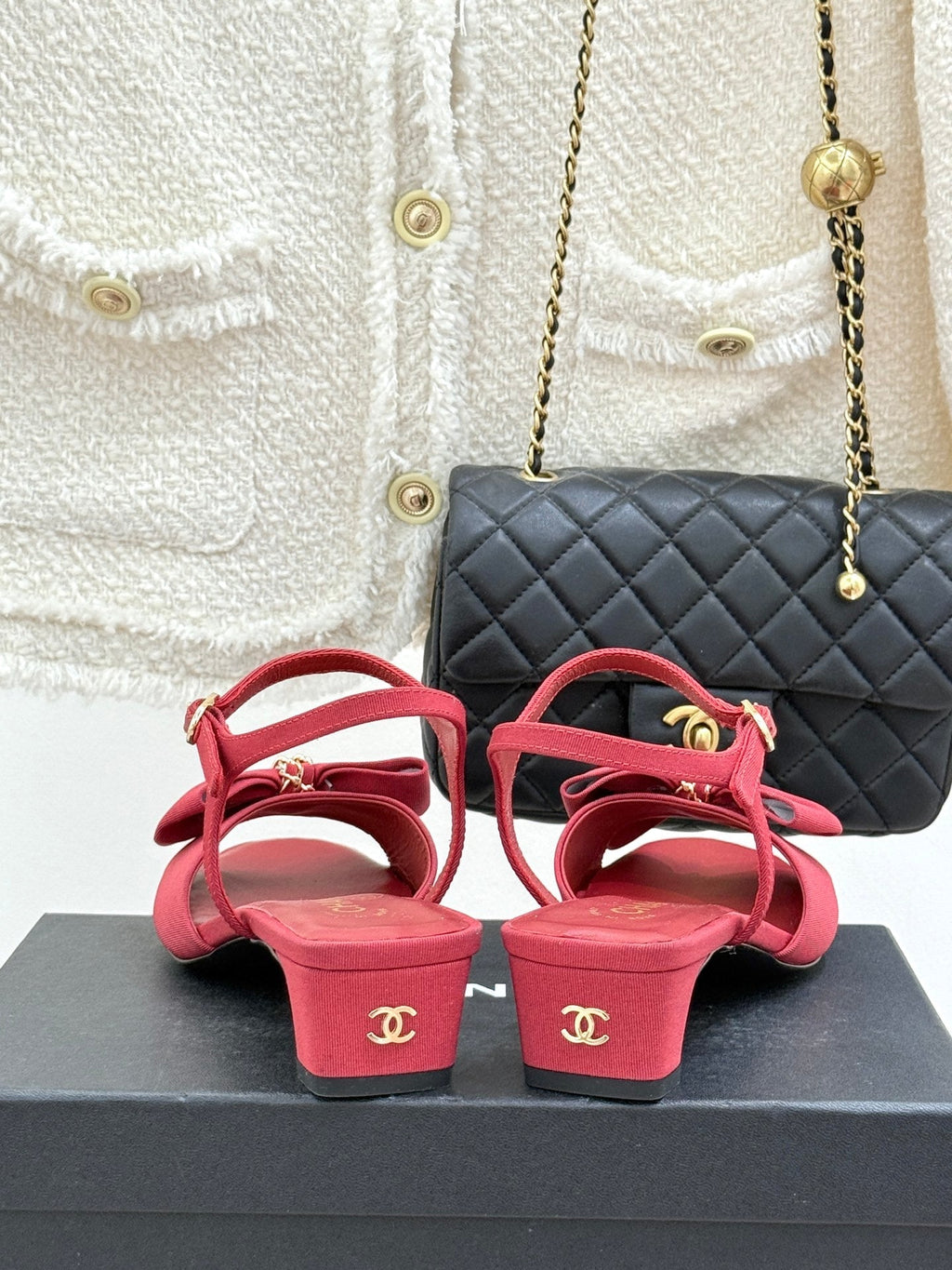 Chanel 26C Chain Bow Chunky Heel Sandals Red in Cowhide 615987
