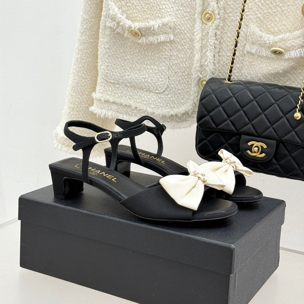 Chanel 26C Chain Bow Chunky Heel Sandals Black White in Cowhide 615986