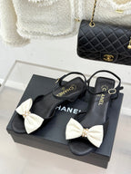 Chanel 26C Chain Bow Chunky Heel Sandals Black White in Cowhide 615986