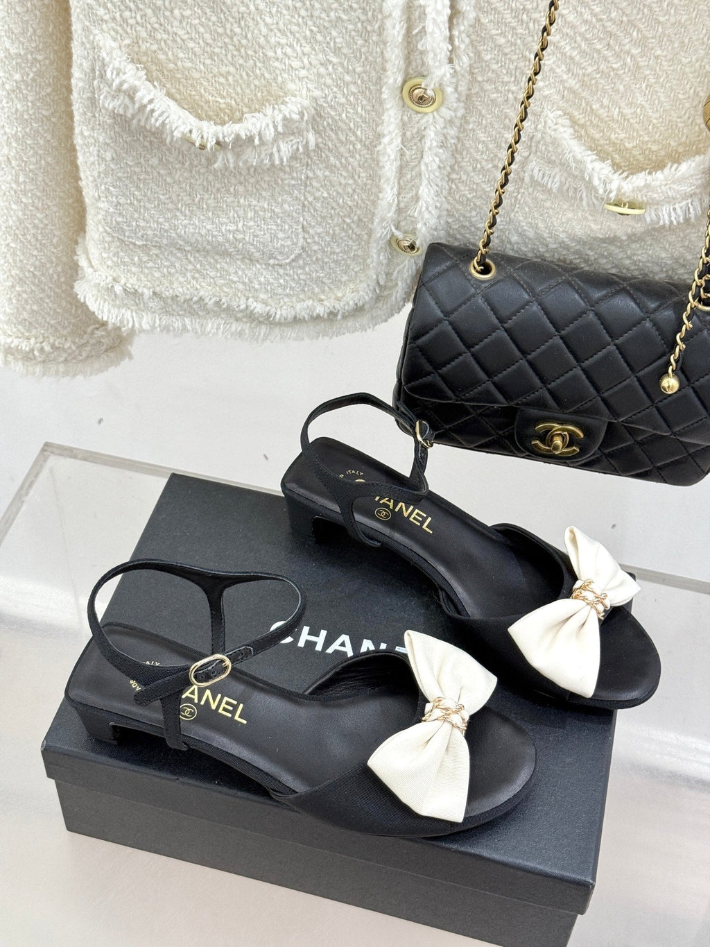 Chanel 26C Chain Bow Chunky Heel Sandals Black White in Cowhide 615986