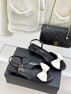 Chanel 26C Chain Bow Chunky Heel Sandals Black White in Cowhide 615986