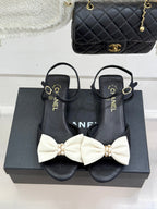 Chanel 26C Chain Bow Chunky Heel Sandals Black White in Cowhide 615986