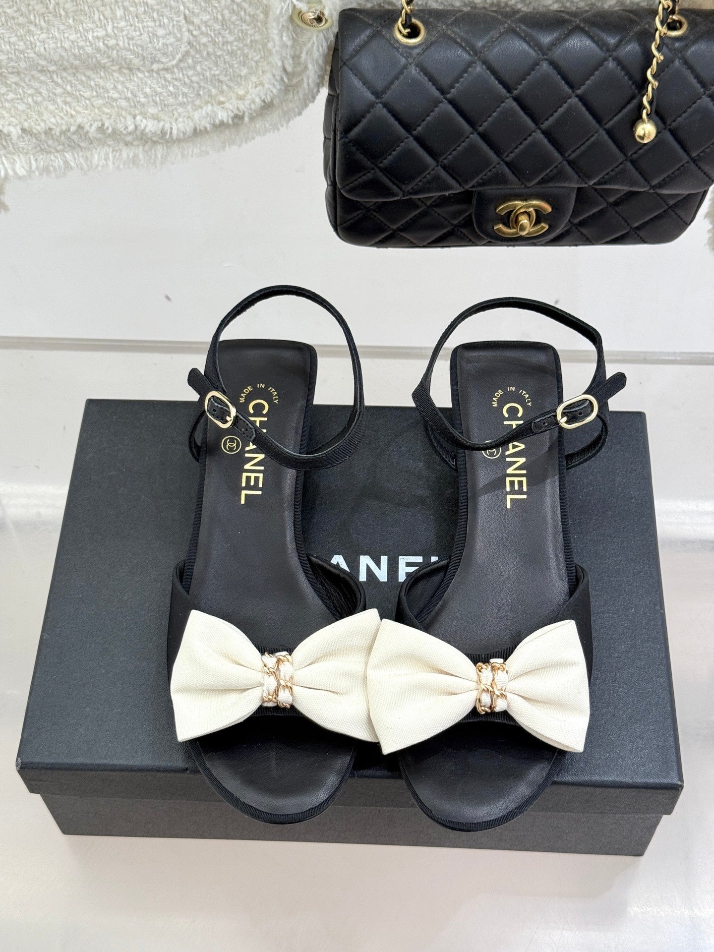 Chanel 26C Chain Bow Chunky Heel Sandals Black White in Cowhide 615986