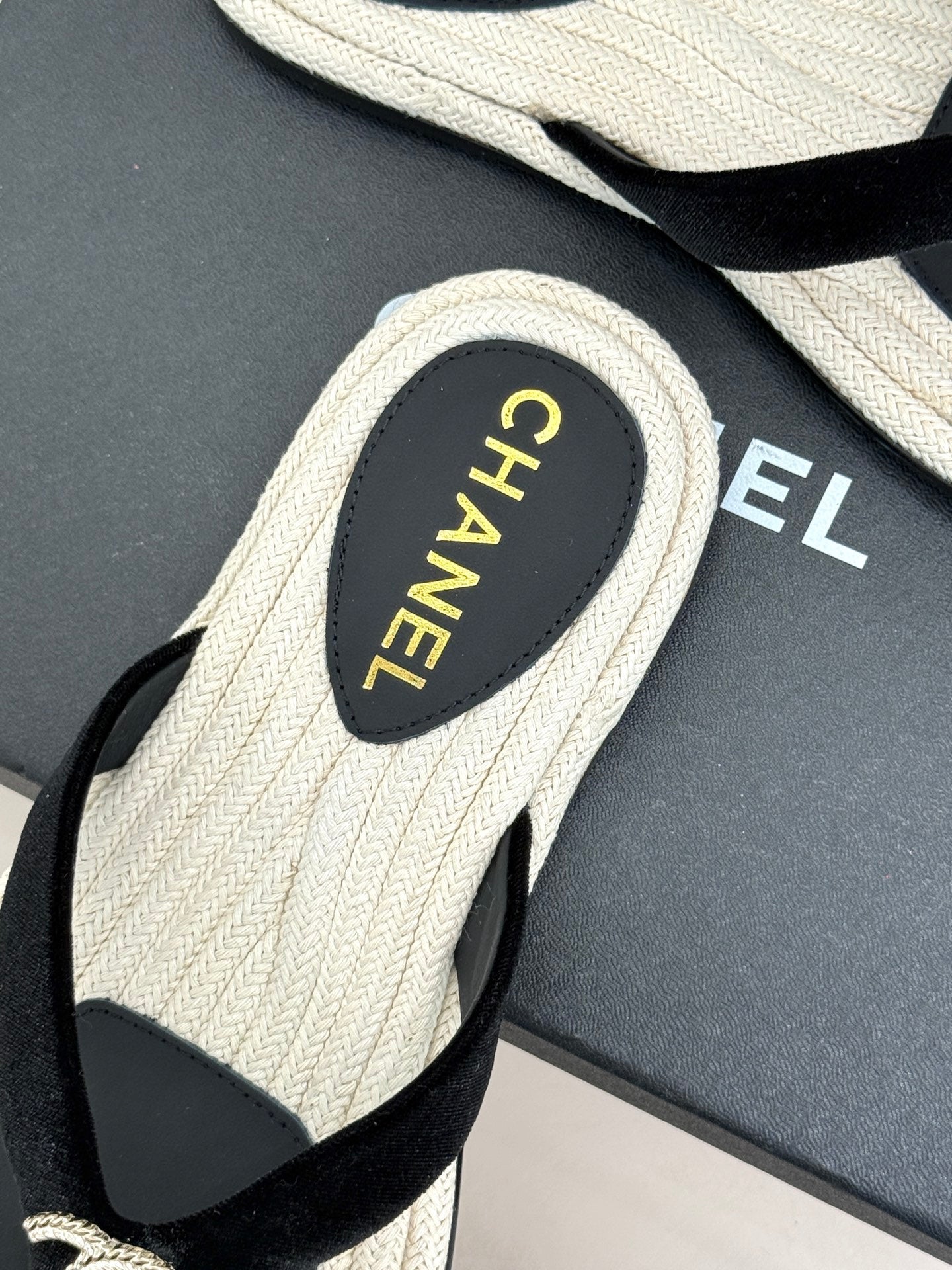 Chanel 26C Hemp Rope Sole Double C Flip-Flops Black in Sheepskin 615960