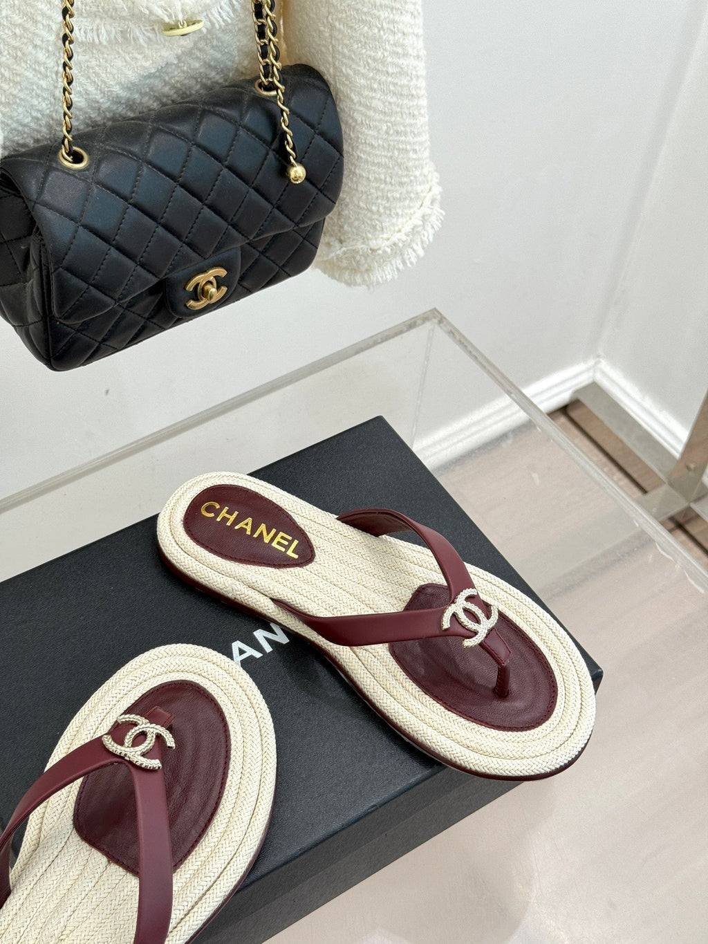 Chanel 26C Hemp Rope Sole Double C Flip-Flops Burgundy in Sheepskin 615958