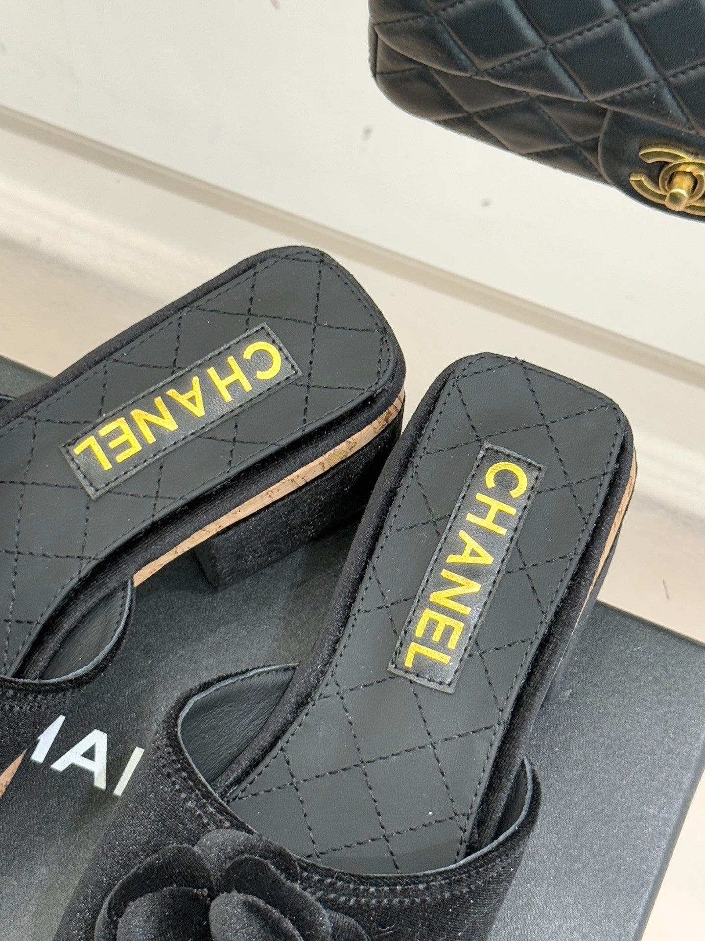 Chanel 26C Camellia Wood Grain Platform Sandals Black in Velvet Leather 615917