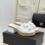 Chanel 26C Camellia Wood Grain Platform Sandals White in Leather 615916