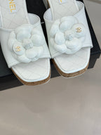 Chanel 26C Camellia Wood Grain Platform Sandals White in Leather 615916