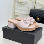 Chanel 26C Camellia Wood Grain Platform Sandals Pink in Leather 615915