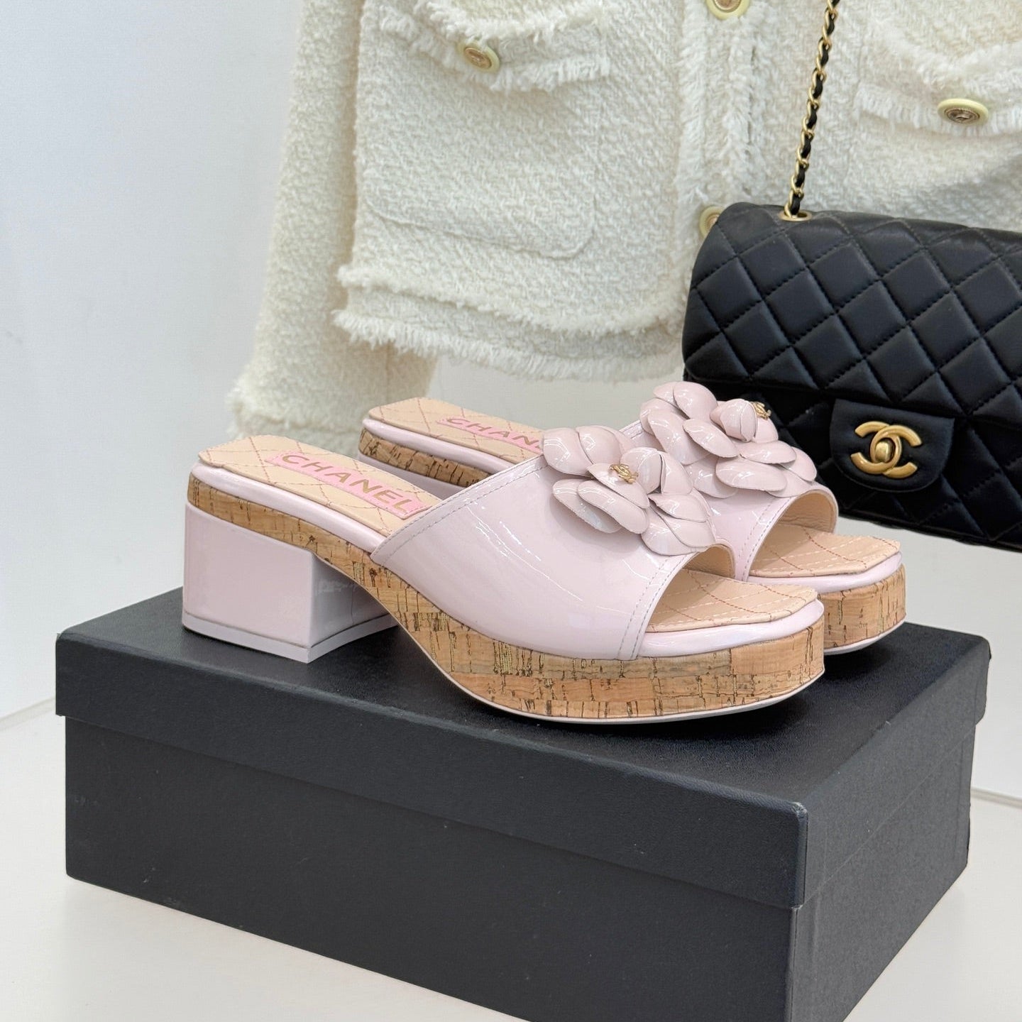 Chanel 26C Camellia Wood Grain Platform Sandals Pink in Leather 615915