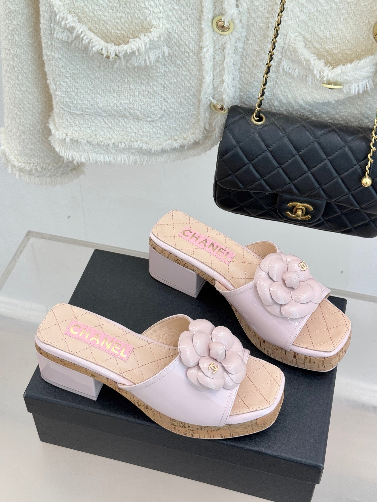 Chanel 26C Camellia Wood Grain Platform Sandals Pink in Leather 615915