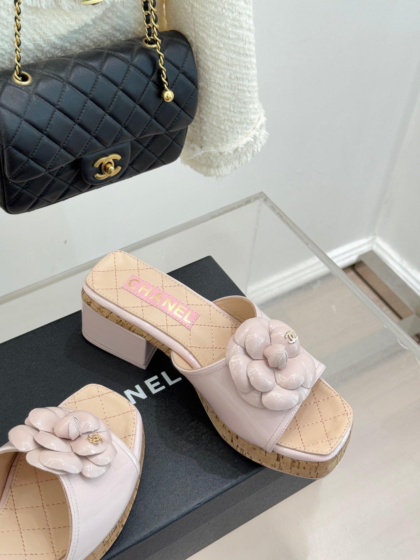 Chanel 26C Camellia Wood Grain Platform Sandals Pink in Leather 615915