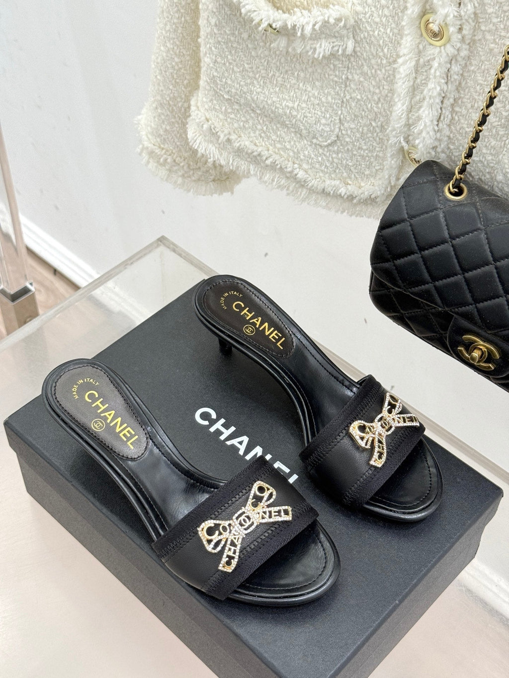 Chanel Classic Rhinestone Double C Bow Kitten Heel Slippers Black in Leather 615820