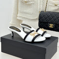 Chanel Classic Rhinestone Double C Bow Kitten Heel Slippers White in Leather 615819
