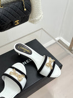 Chanel Classic Rhinestone Double C Bow Kitten Heel Slippers White in Leather 615819