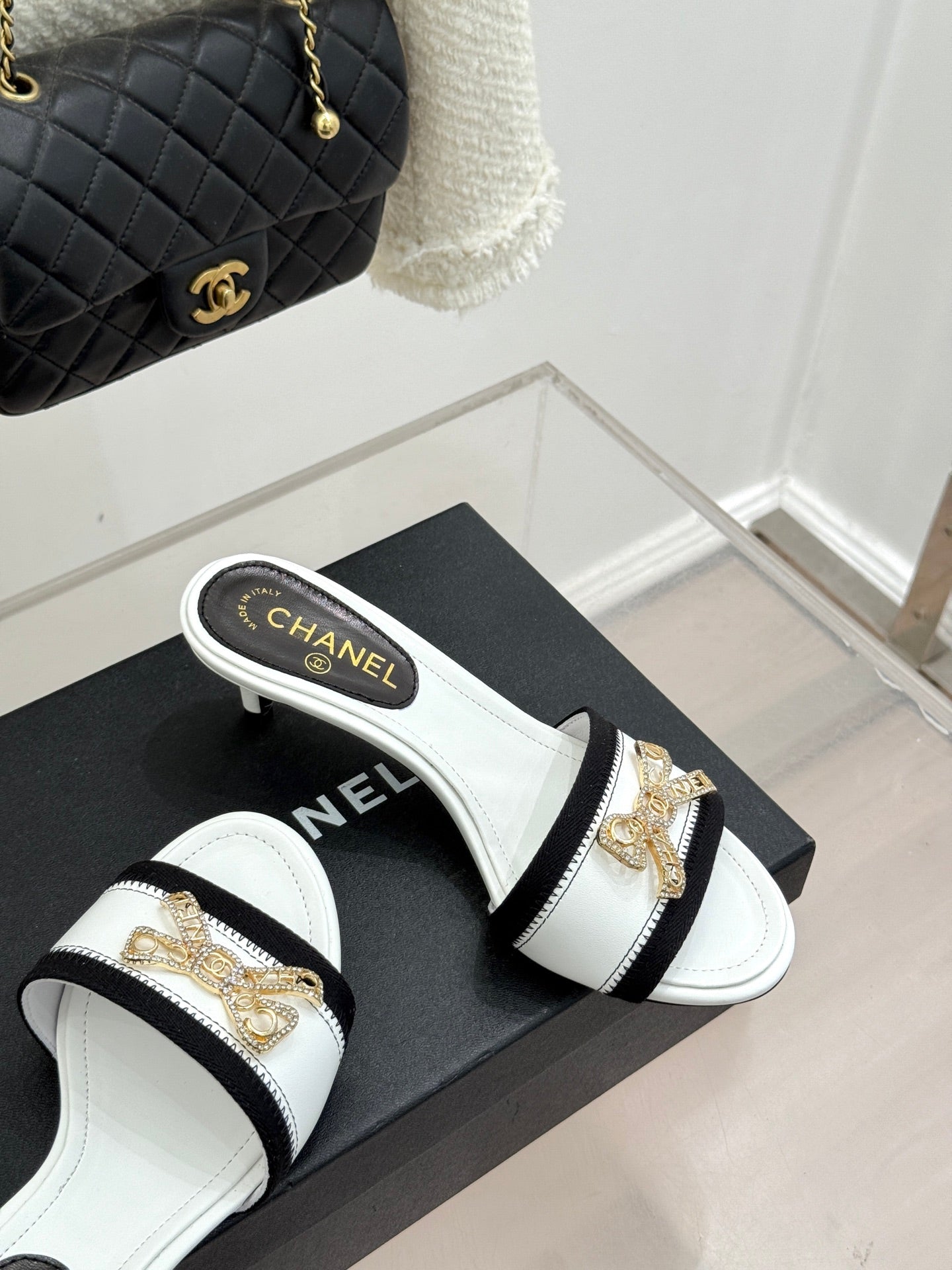 Chanel Classic Rhinestone Double C Bow Kitten Heel Slippers White in Leather 615819