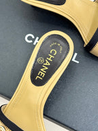 Chanel Classic Rhinestone Double C Bow Kitten Heel Slippers Beige in Leather 615818