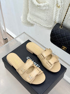 Chanel 26C Double C Backpack Buckle Velcro Slippers Beige in Lambskin 615794