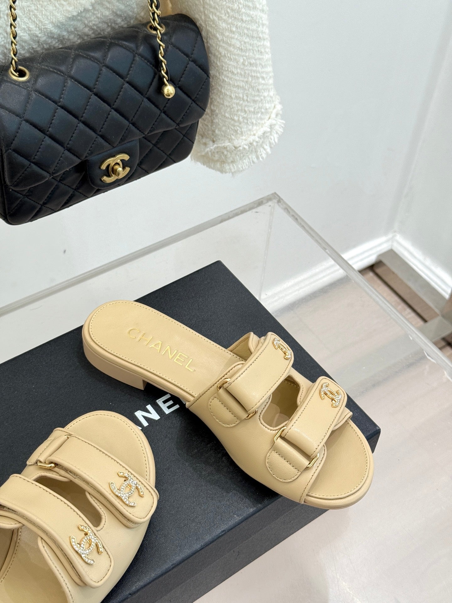 Chanel 26C Double C Backpack Buckle Velcro Slippers Beige in Lambskin 615794