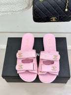 Chanel 26C Double C Backpack Buckle Velcro Slippers Pink in Lambskin 615793