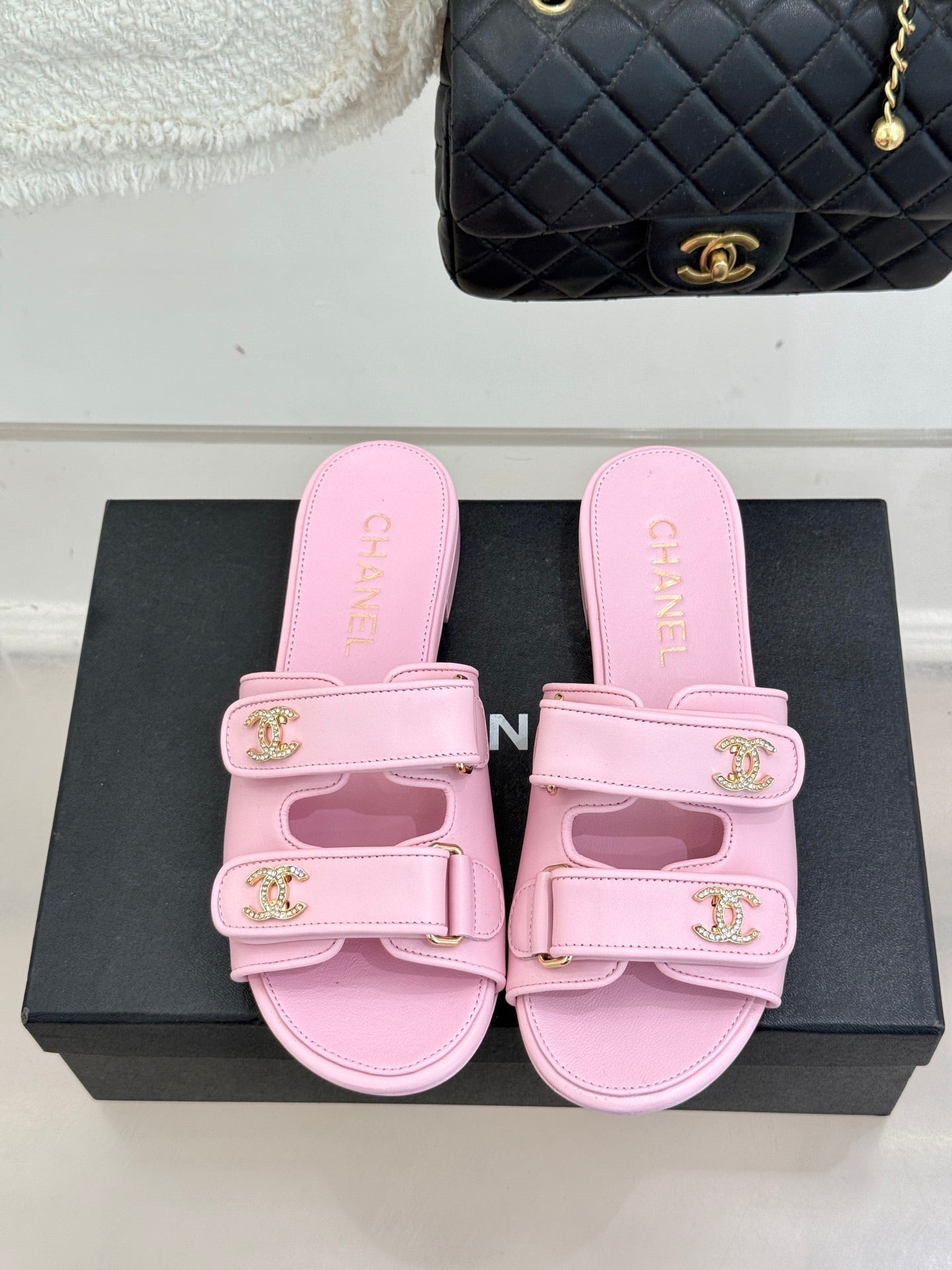 Chanel 26C Double C Backpack Buckle Velcro Slippers Pink in Lambskin 615793
