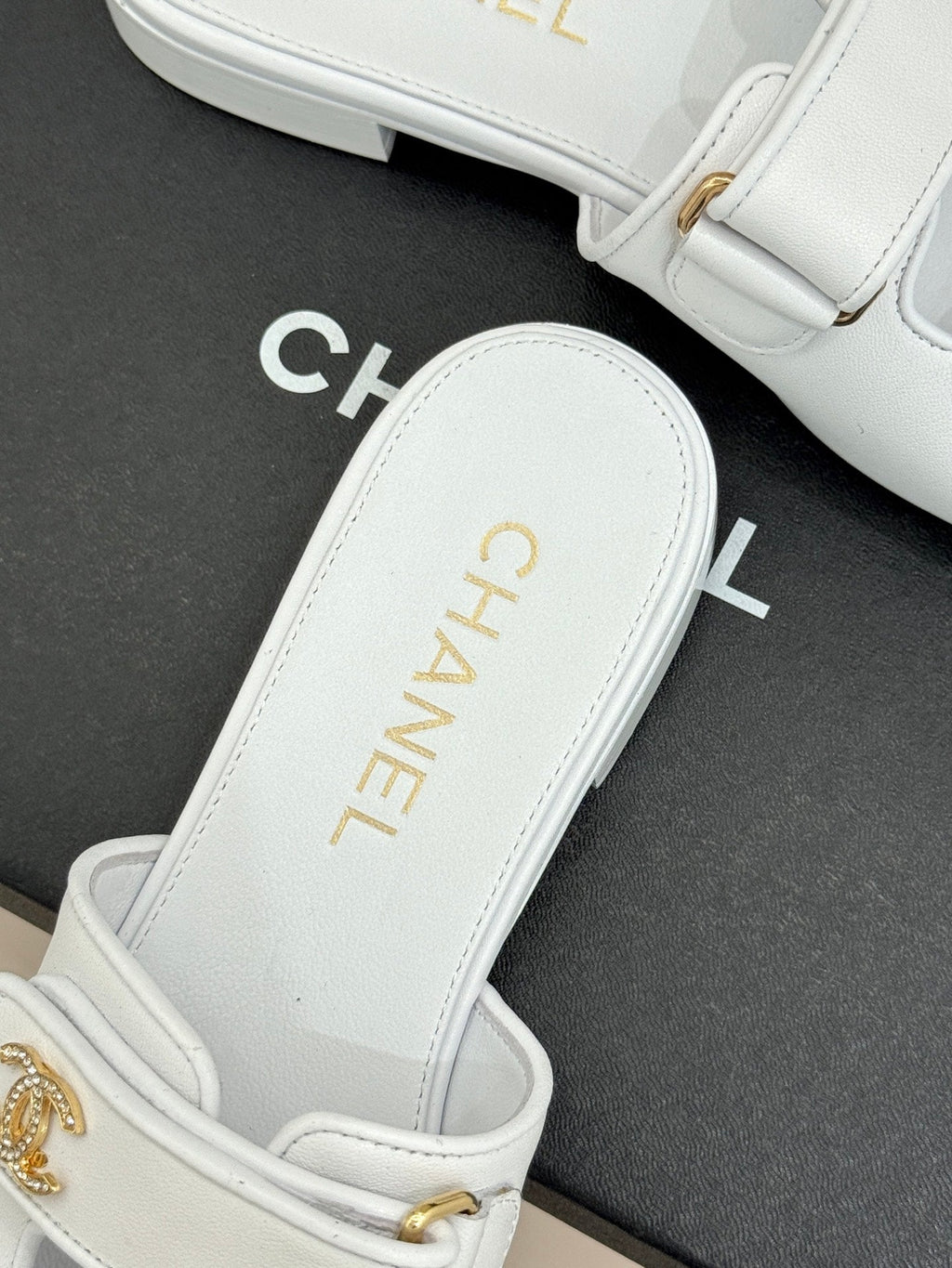 Chanel 26C Double C Backpack Buckle Velcro Slippers White in Lambskin 615792