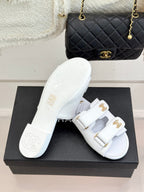 Chanel 26C Double C Backpack Buckle Velcro Slippers White in Lambskin 615792
