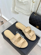 Chanel 26C Double C Backpack Buckle Velcro Slippers Beige in Suede 615791