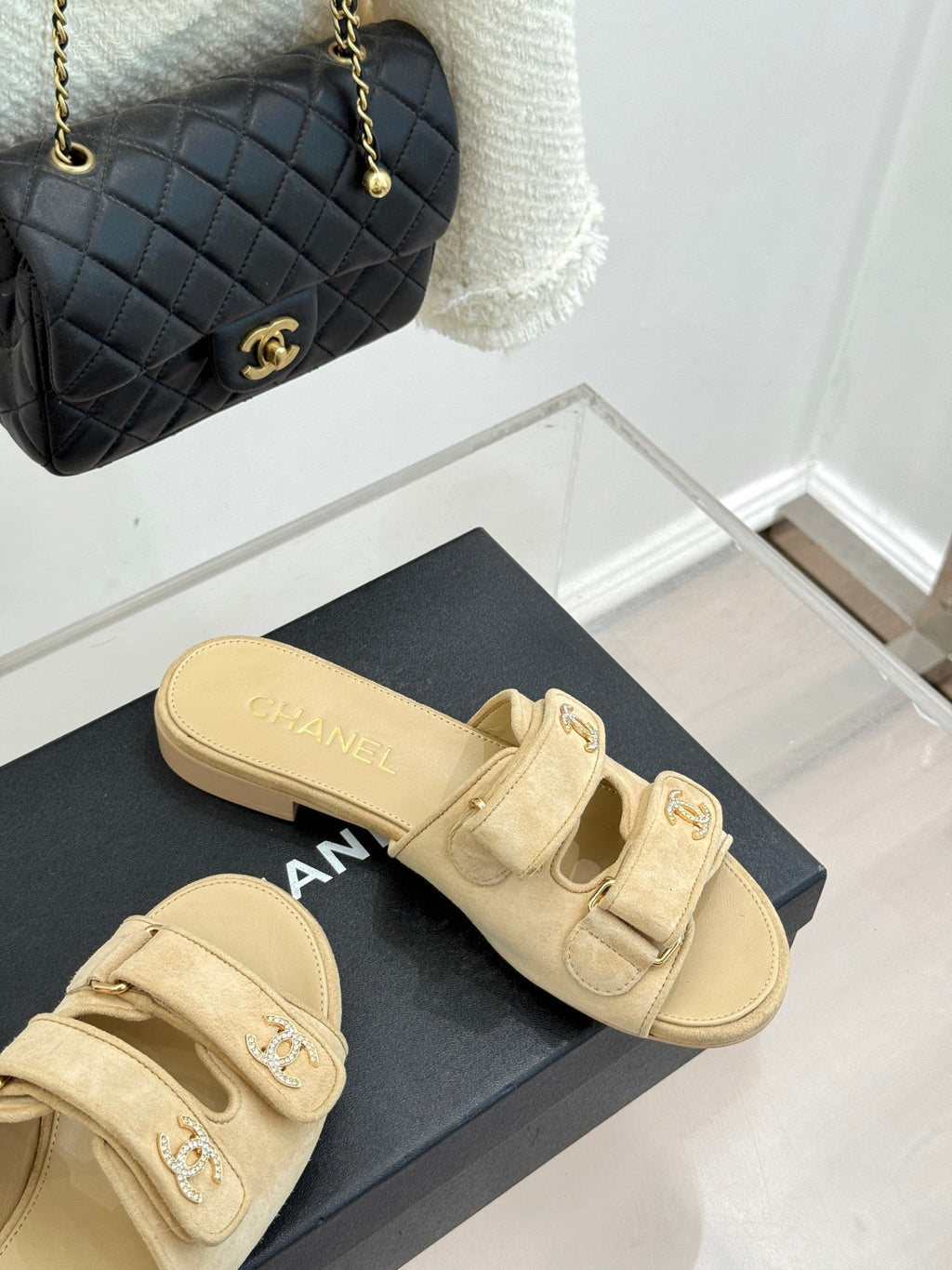 Chanel 26C Double C Backpack Buckle Velcro Slippers Beige in Suede 615791