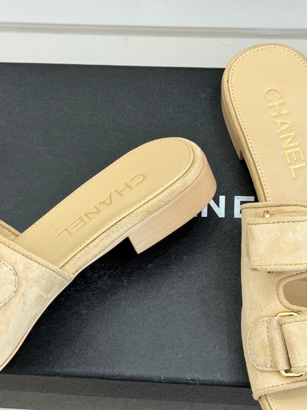 Chanel 26C Double C Backpack Buckle Velcro Slippers Beige in Suede 615791