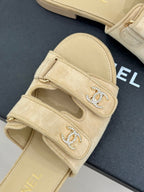Chanel 26C Double C Backpack Buckle Velcro Slippers Beige in Suede 615791