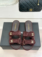Chanel 26C Double C Backpack Buckle Velcro Slippers Burgundy in Suede 615790