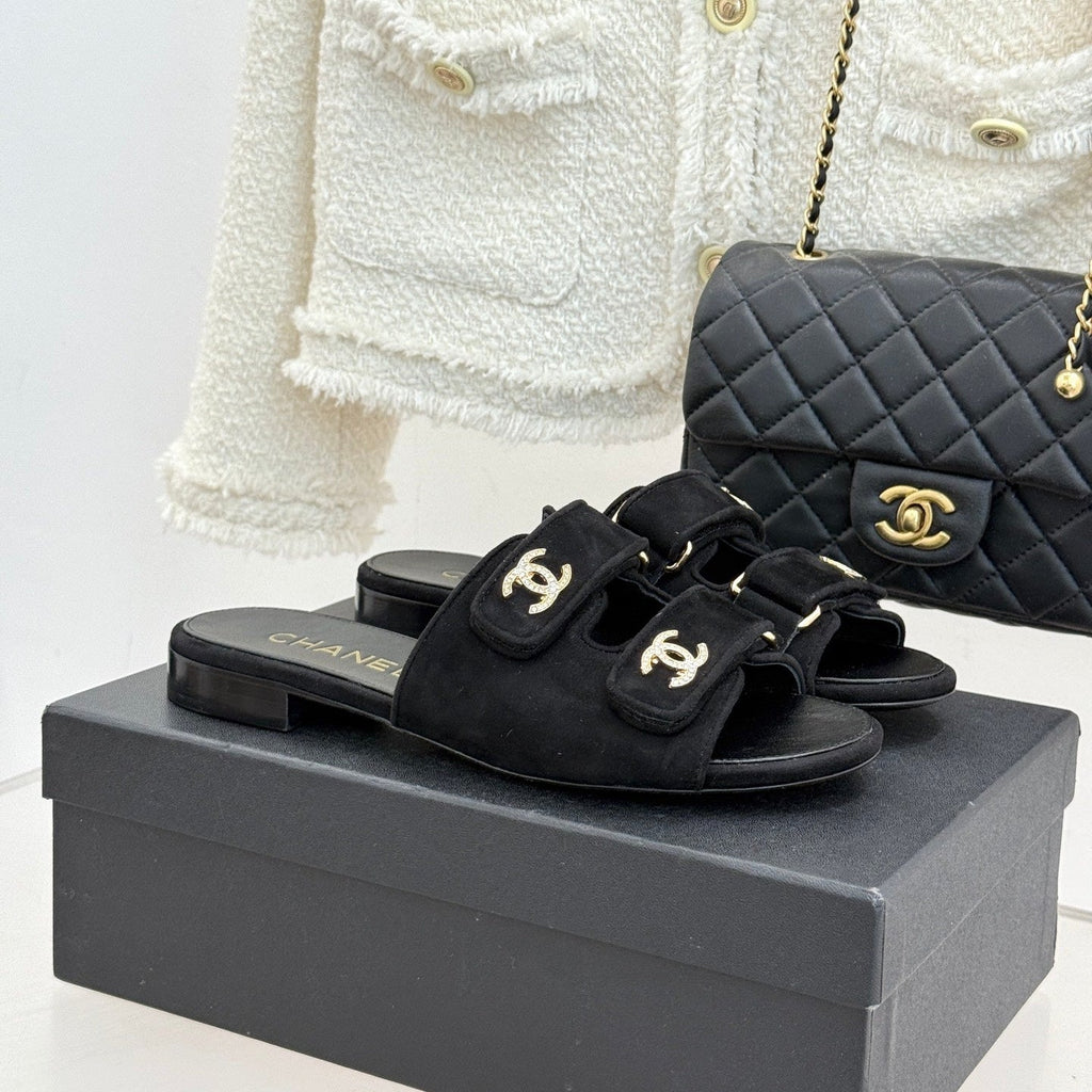 Chanel 26C Double C Backpack Buckle Velcro Slippers Black in Suede 615789