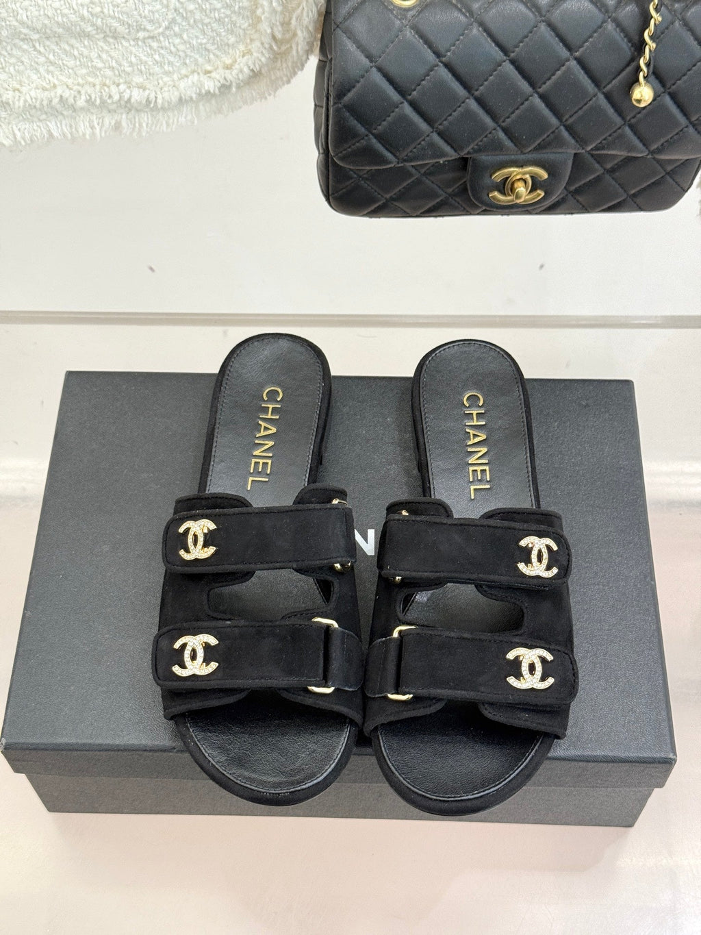 Chanel 26C Double C Backpack Buckle Velcro Slippers Black in Suede 615789