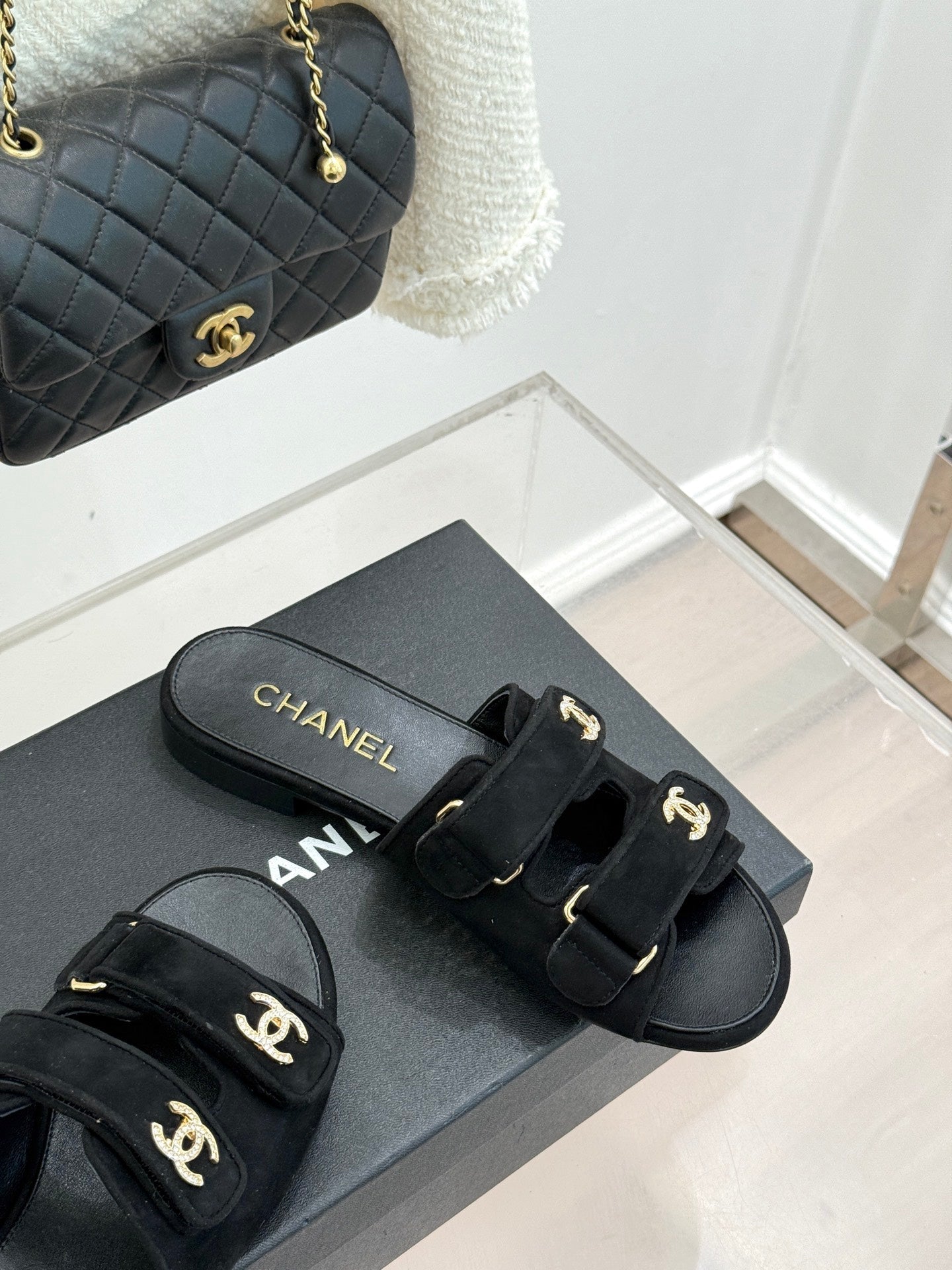Chanel 26C Double C Backpack Buckle Velcro Slippers Black in Suede 615789