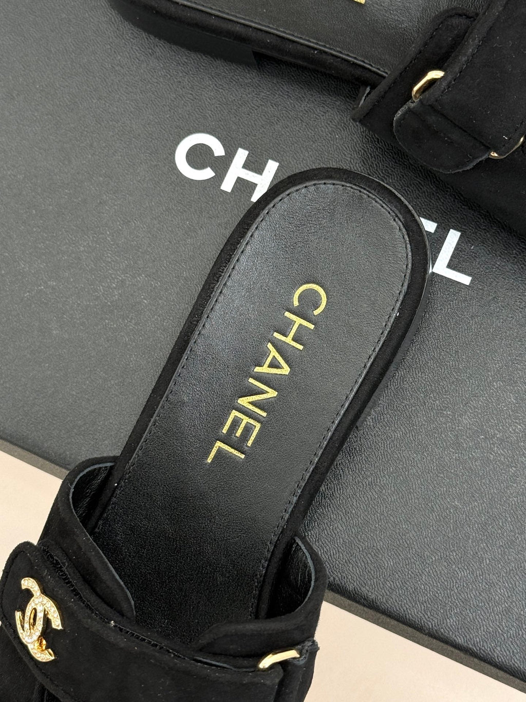 Chanel 26C Double C Backpack Buckle Velcro Slippers Black in Suede 615789