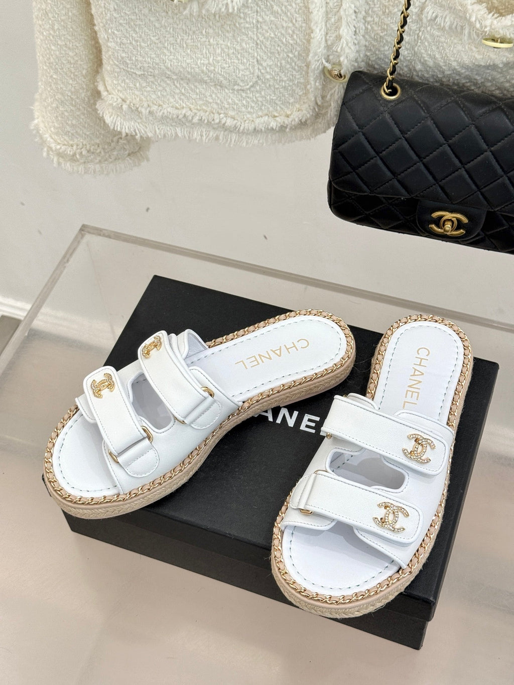 Chanel 26C Chain Double C Buckle Slippers White Cowhide 615785
