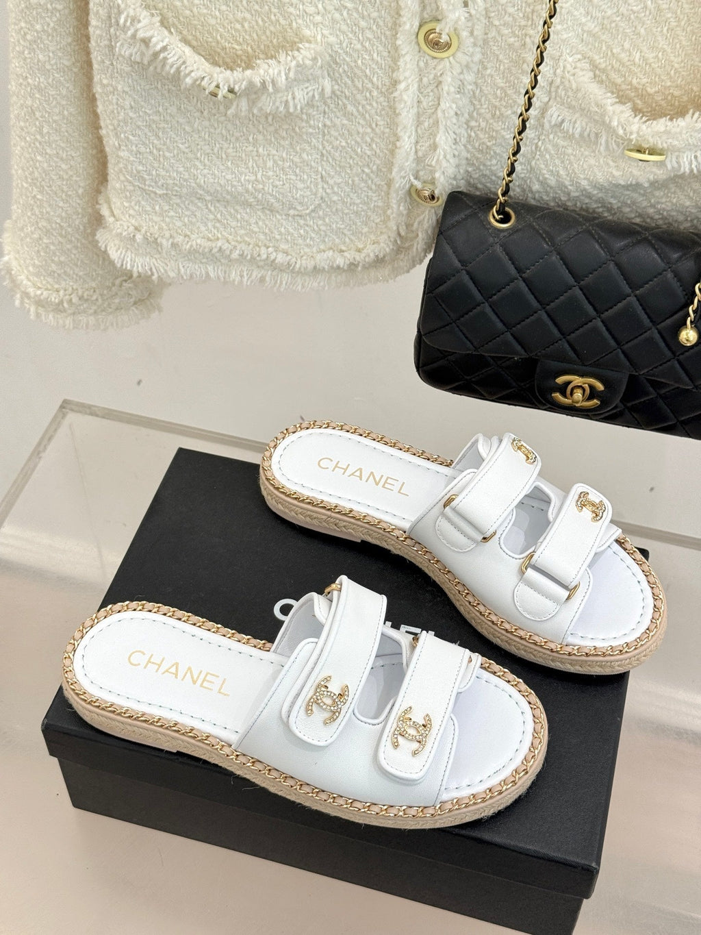 Chanel 26C Chain Double C Buckle Slippers White Cowhide 615785