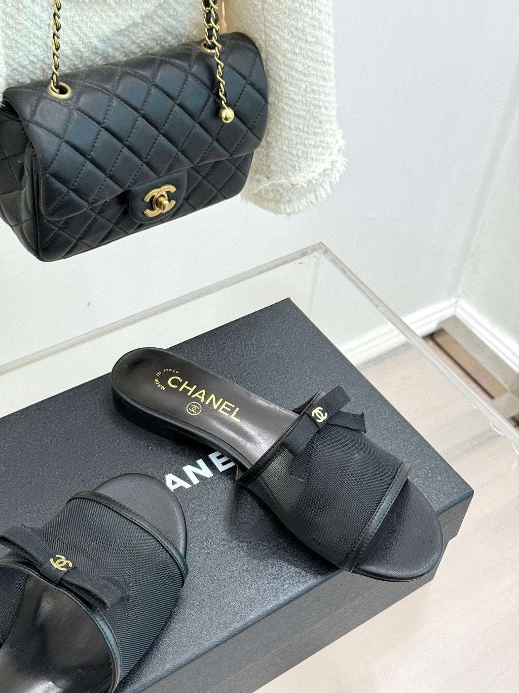 Chanel  26C Double C Bow Slippers Black in Mesh 615711