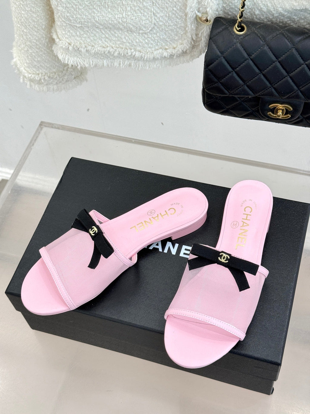 Chanel  26C Double C Bow Slippers Pink in Mesh 615710