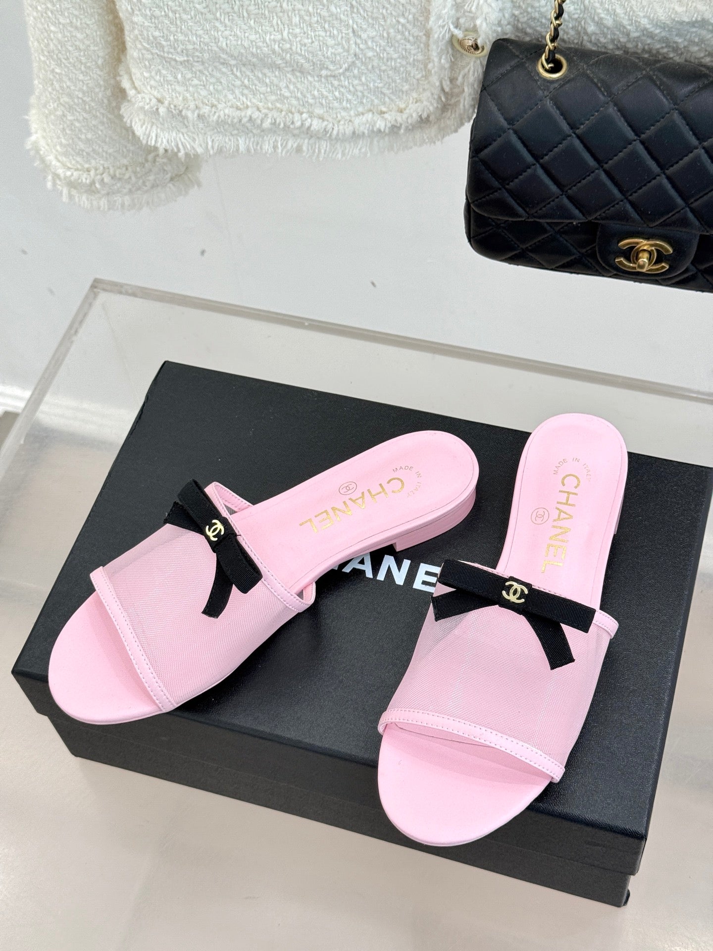 Chanel  26C Double C Bow Slippers Pink in Mesh 615710