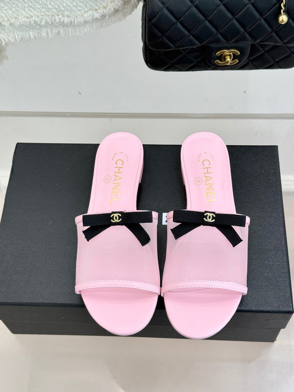 Chanel  26C Double C Bow Slippers Pink in Mesh 615710
