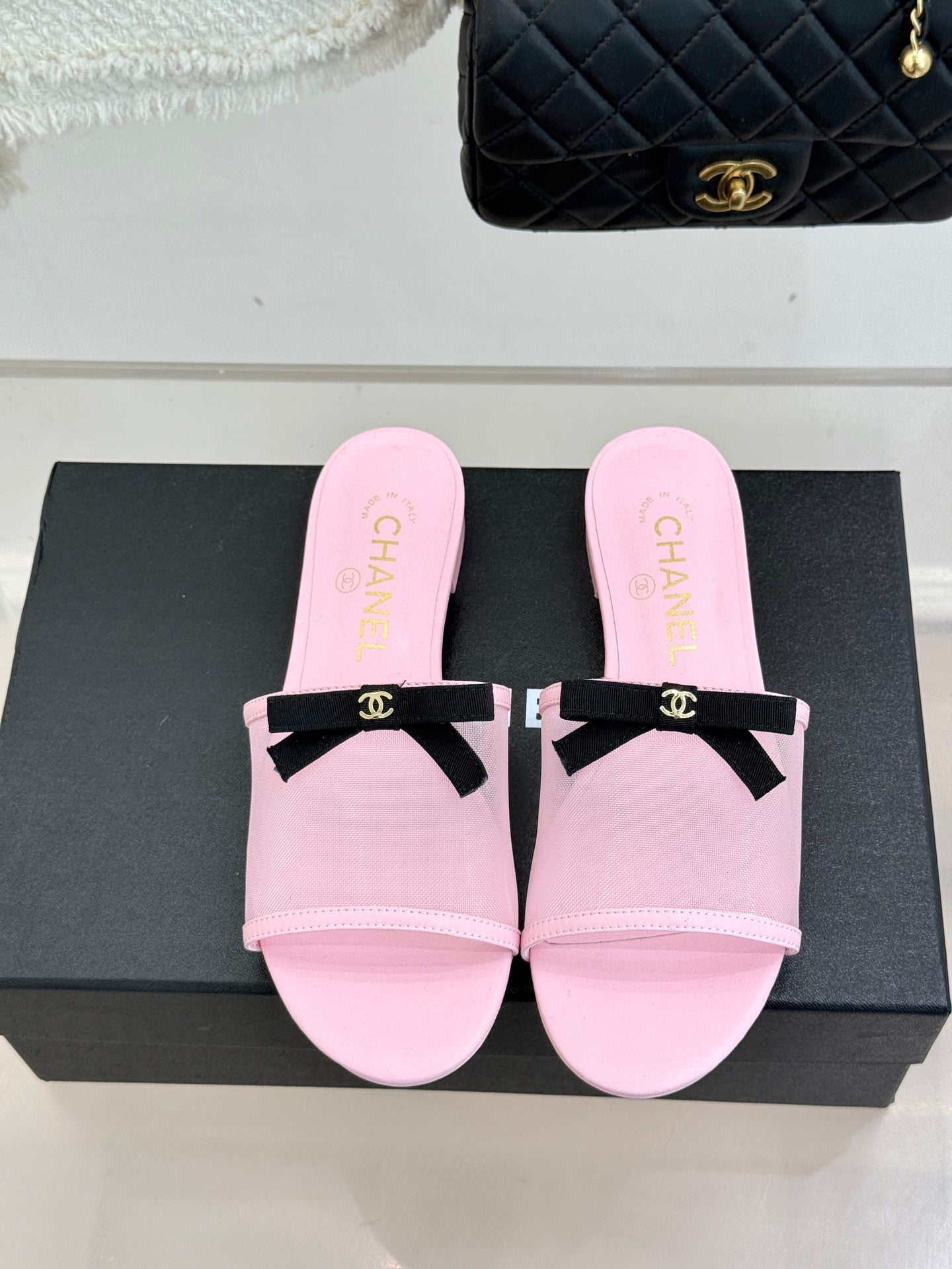 Chanel  26C Double C Bow Slippers Pink in Mesh 615710