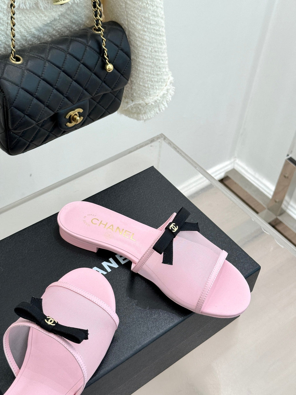Chanel  26C Double C Bow Slippers Pink in Mesh 615710