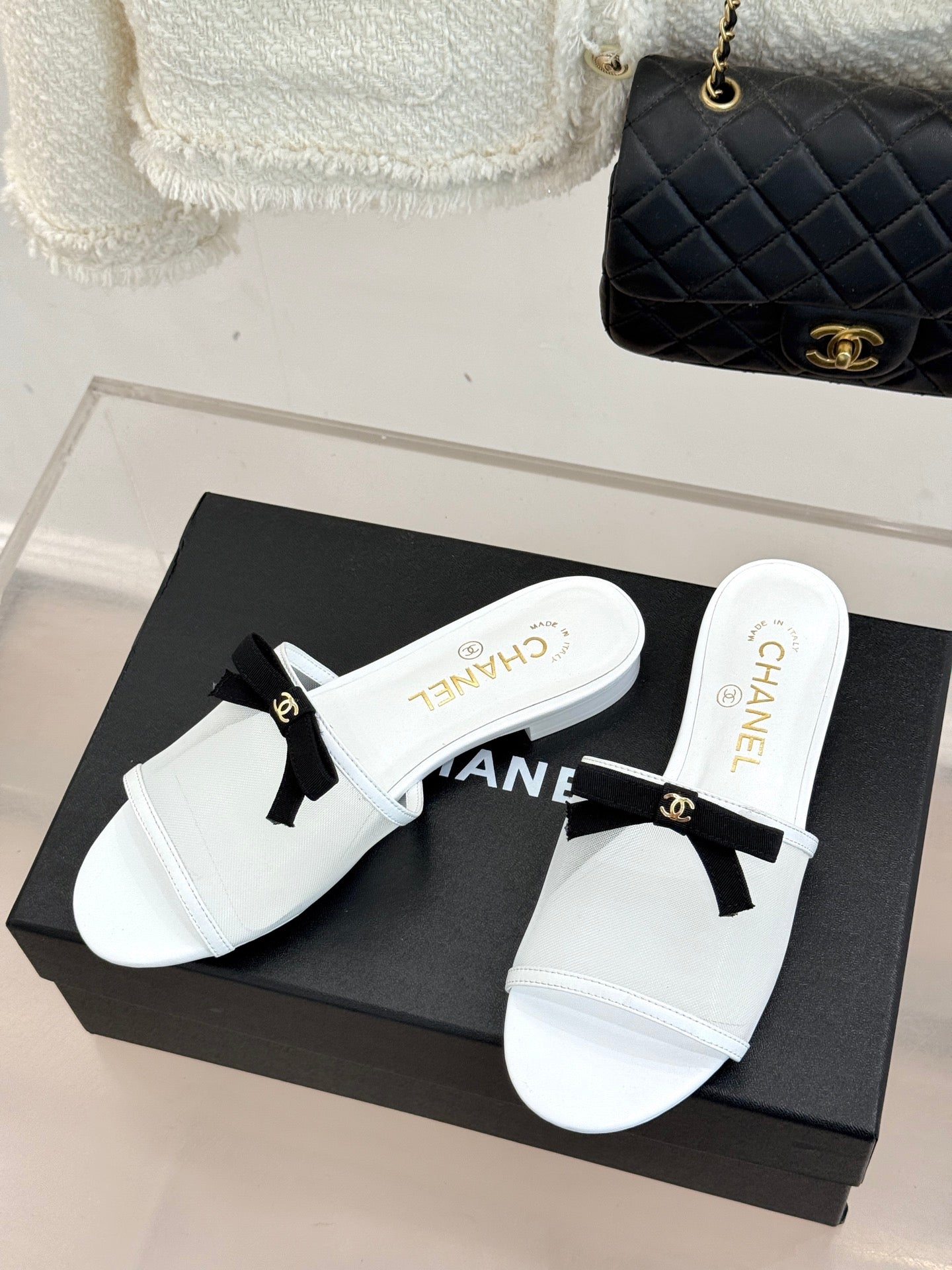 Chanel  26C Double C Bow Slippers White in Mesh 615709
