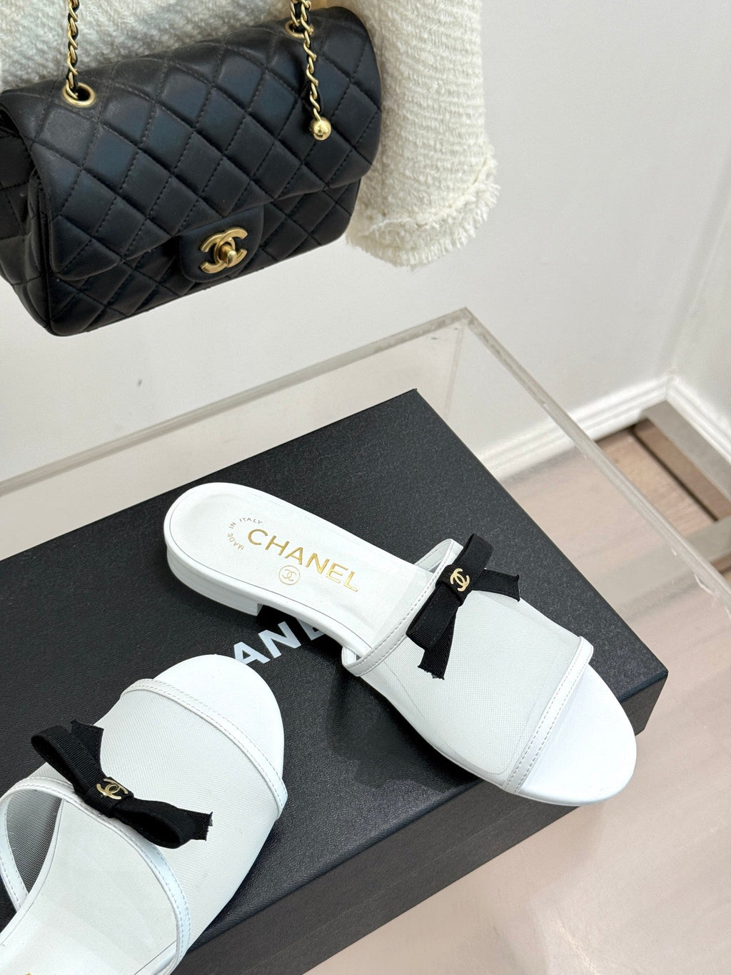 Chanel  26C Double C Bow Slippers White in Mesh 615709