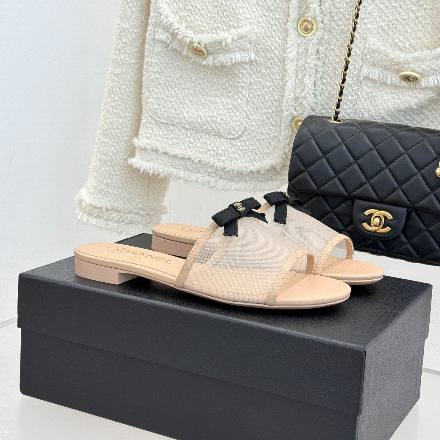 Chanel  26C Double C Bow Slippers Beige in Mesh 615708